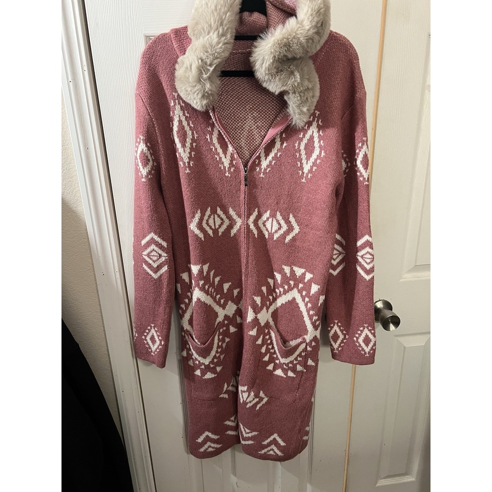 Wear To Love Long Sweater Zip‎ Up Hooded Sweater With Faux Fur Trim Size XL